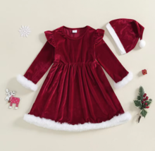 NEW Christmas Girls Santa Red Long Sleeve Velvet Dress and Hat - £10.77 GBP