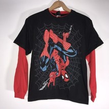 NWT Marvel Spider-man Boy&#39;s Long Sleeve Shirt M Black w Red mock double sleeves - £11.73 GBP