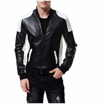 Mens Two Tone Biker Leather Jacket, Mens Leather Rib Collar Fashion Jacket - £151.86 GBP