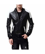 Mens Two Tone Biker Leather Jacket, Mens Leather Rib Collar Fashion Jacket - £151.51 GBP