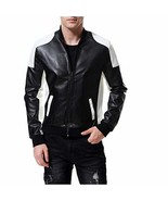Mens Two Tone Biker Leather Jacket, Mens Leather Rib Collar Fashion Jacket - $189.99