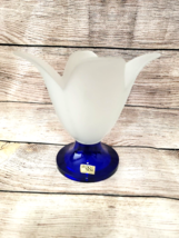 Studio Nova Tulip Shaped Frosted  Art Glass Cobalt Blue  Pedestal Vase  Portugal - £21.75 GBP