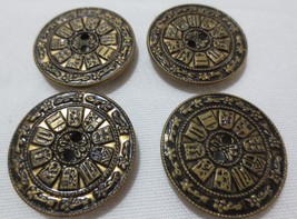 4 Vintage Antiqued Gold colored medallion 2 hole buttons - £9.50 GBP