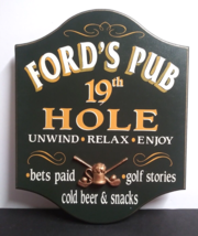 Ford&#39;s Pub 19th Hole Wood Golf Club Hand Painted Beer Bar Mancave Plaque 18&quot;h - £31.37 GBP