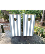 Waterproof Cornhole WRAPS / Dusty Blue and White Stripes / Wedding / Lam... - $115.75 CAD