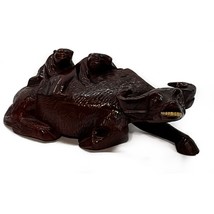 Chinese Hand Carved Wood Children on Water Buffalo Figurine Mid-Century 6&quot; - £23.68 GBP