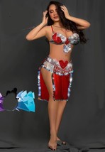 Red Sparkling Dancing Costume Beaded Diamonds Bra &amp;Coins Skirt Sexy Danc... - £38.07 GBP