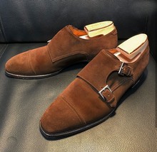 Handmade Brown Suede Double Monk Straps Dress Shoes - £127.09 GBP