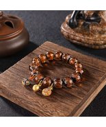 Golden Incense Ash Liuli Bead Bracelet with 3 Enamel Fortune Charms - $34.24 CAD