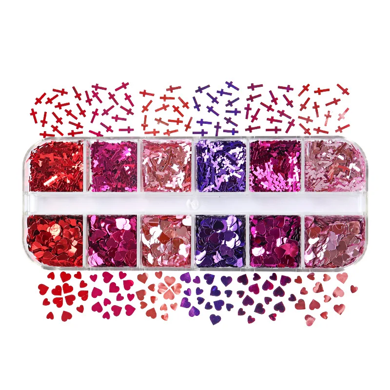 6 Colors 2 Shapes Nail Glitter Flakes Cross Heart Shaped Sequins for Nails - $10.62