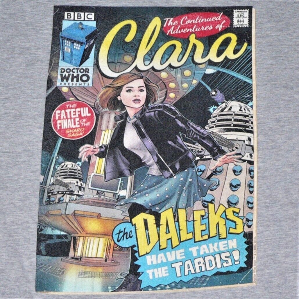 DR. WHO / CLARA OSWALD / DALEKS / TARDIS T-SHIRT ~ Sz M ~ '60's Pulp Novel cover - $15.83
