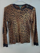 Lauren Ralph Lauren T Shirt Top Women Small Black Brown Animal Print Long Sleeve - £11.06 GBP