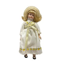 8 inch Porcelain Doll Soft Body Victorian Lacy Dress Yellow Straw Hat - £10.90 GBP