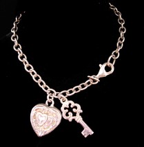 Antique style sterling PUFFY Heart Charm bracelet - heart and skeleton key charm - £71.05 GBP