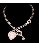 Antique style sterling PUFFY Heart Charm bracelet - heart and skeleton k... - £75.70 GBP