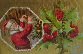 Vintage Christmas Postcard Santa Claus Decorating Tree Embossed Poinsettias  - £16.33 GBP