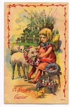 Easter Postcard Girl With Lamb Eggs Chick Roses #7200 1919 - £2.84 GBP