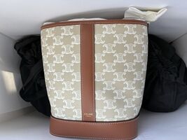 NEW Celine Small Bucket Triomphe Canvas GREGE Beige &amp; gold / brown Calfskin - $1,200.00