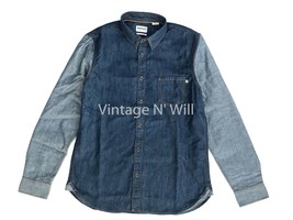 Timberland Men L Blue Contrast Sleeve Japanese Denim Jean Button Front Shirt - $55.79