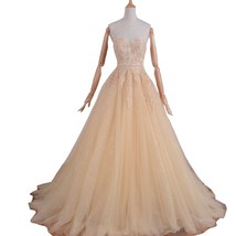 Kivary Champagne Tulle A Line Sweetheart Long Corset Lace Prom Evening Dresses U - £120.56 GBP