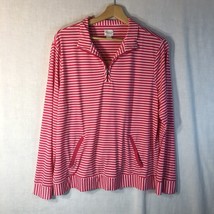 Weekends Chico&#39;s Size 3 xl Pink White Striped Top Split Neck Zip Up Front Pocket - £19.54 GBP