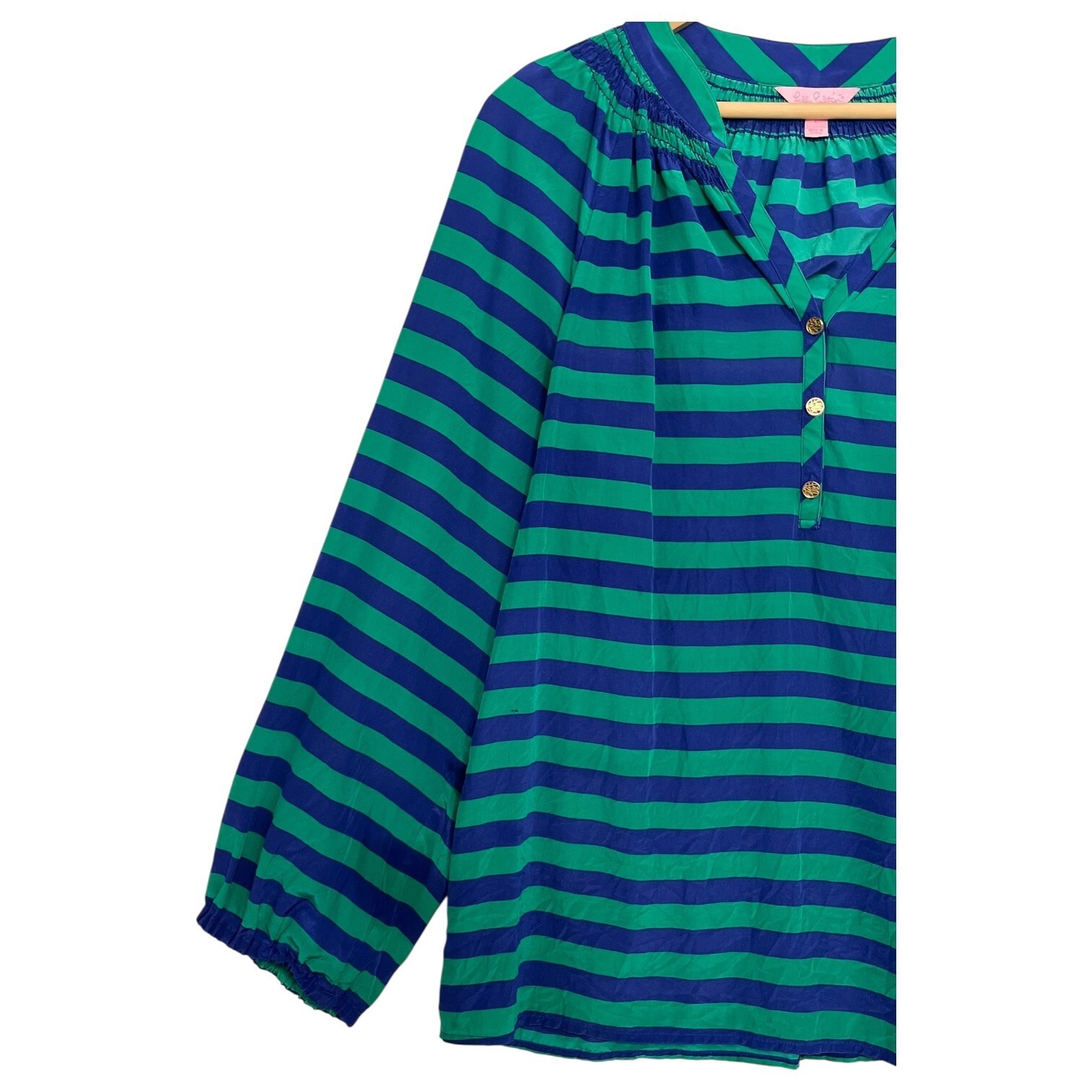 Lilly Pulitzer Top Womens Large Green Blue Silk Stripe Smocked Boho Blouse Item image 12