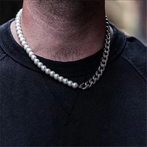 Men Silver Pearl Cuban Link Chain Necklace Stainless Steel Punk Jewelry Gift - £10.33 GBP