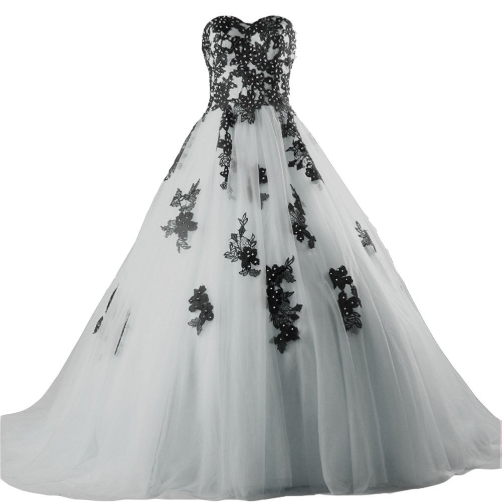 Kivary Beaded Black Lace Long A Line Tulle Gothic Prom Wedding Dresses Silver US