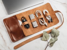 Brown 100% Leather Cable Organizer with Pocket Cord Wrap Wire Holder Travel case - £21.49 GBP