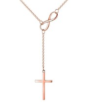 Minimal 14K Rose Gold over 925 Silver Cross Infinity Lariat Pendant Necklace 18&quot; - £35.95 GBP