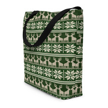 Knitted Christmas Winter Fabric Design Dark Green &amp; White Deers Beach Bag - £25.88 GBP
