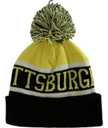 Pittsburgh City Name Wide Stripe Winter Knit Pom Beanie Hat (Gold/Black) - $27.28 CAD