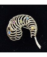 Feather Plume Aurora  Borealis Rhinestone Brooch Gold Tone C Hook Latch ... - $16.00 CAD