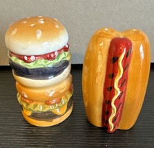 Vintage Enesco Hamburger &amp; Hot Dog Novelty Ceramic Salt &amp; Pepper Shakers - £8.41 GBP
