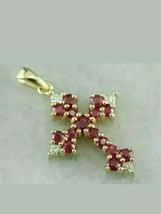 14k Yellow Gold Plated 2.00Ct Round Cut Red Ruby &amp; Diamond Cross Pendant - £62.86 GBP