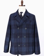 Robert Graham Overcoat Jacket XL Navy Blue Plaid Double Breasted Tailored Fit - £65.89 GBP