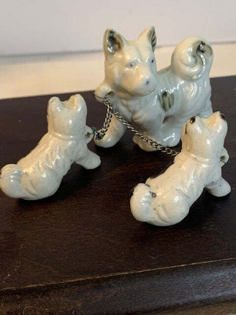 Vintage black and white dog with 2 puppies bone china figure - $8.87