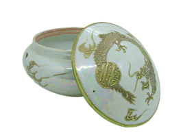Vintage Dragon Trinket Dish Opalescent Japanese Hand Painted Gold Jar With Lid - £28.00 GBP