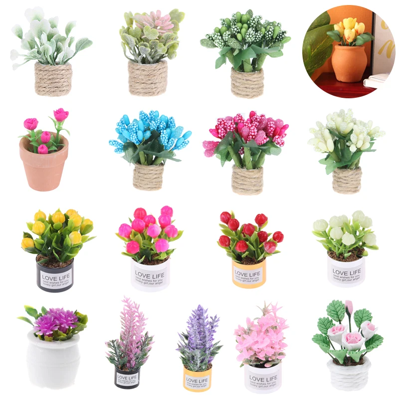 1:12 Dollhouse Miniature Clay Rose Potted Plant Flowers Pot Model Garden Decor - £8.29 GBP+