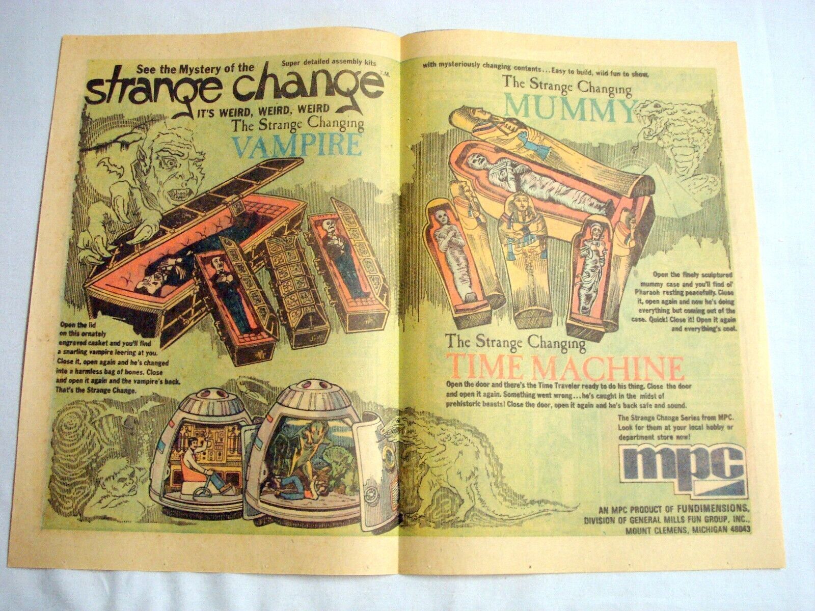1975 Color Ad 3 MPC Strange Change Models Time Machine, Mummy, Vampire - £6.28 GBP