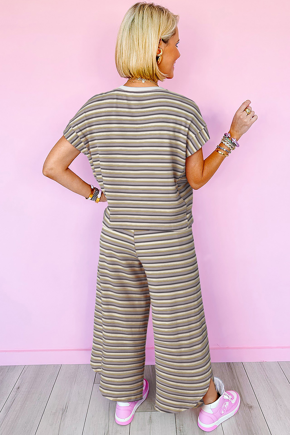 Black Stripe Rainbow Tee Tasseled String Wide Leg Pants Set Item image 2