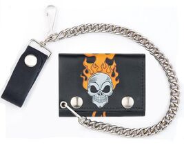 SKULL HEAD FLAMES TRIFOLD BIKER WALLET W CHAIN mens LEATHER #581 fire sk... - $13.59