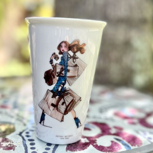 Primary image for Rare Henri Bendel NY Porcelain Shopper Girl Travel Mug Coffee Tumbler Cup Mug