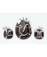 Vintage Mexico AE Ensemble Bijoux Pendentif &amp; Boucles W/Obsidienne Fixé En - $3,183.35 MXN