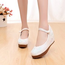 Women Casual Canvas Embroidered Hidden Platform Shoes Retro Ankle Strap Comforta - £30.00 GBP