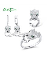 925 Sterling Silver Jewelry Set For Women White CZ Green Eyes Ring Earri... - £73.00 GBP
