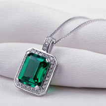 3.7CT Green Emerald &amp; Diamond Halo Pendant with 18&quot; Chain 14K White Gold Plated - £44.10 GBP