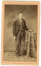 CIRCA 1880&#39;S CDV Handsome Young Man Suit Standing In Studio Aunspach Pillow PA - £7.43 GBP
