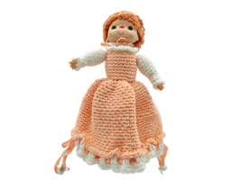 Vintage 1960s Red Hair Peach Dress Bottom Closes Hand Crocheted Bed Pillow Doll  - £26.18 GBP