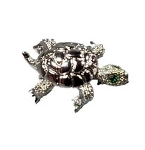 Monet Silver Tone Turtle Green Rhinestone Eyes Moveable Head Lapel Pin .88 Inch - £14.84 GBP